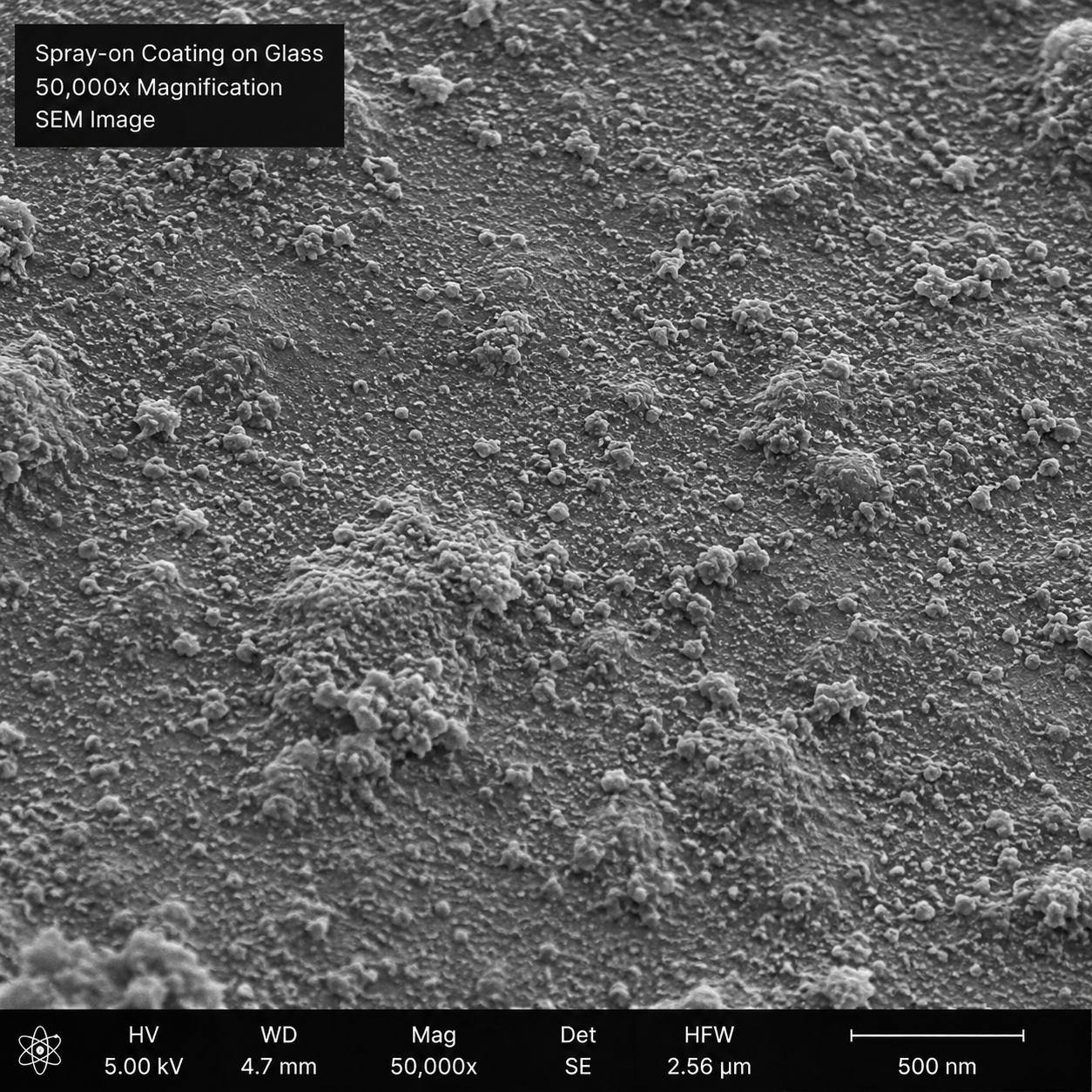 SEM cross-section: conventional spray-on AF coating showing irregular particle clusters