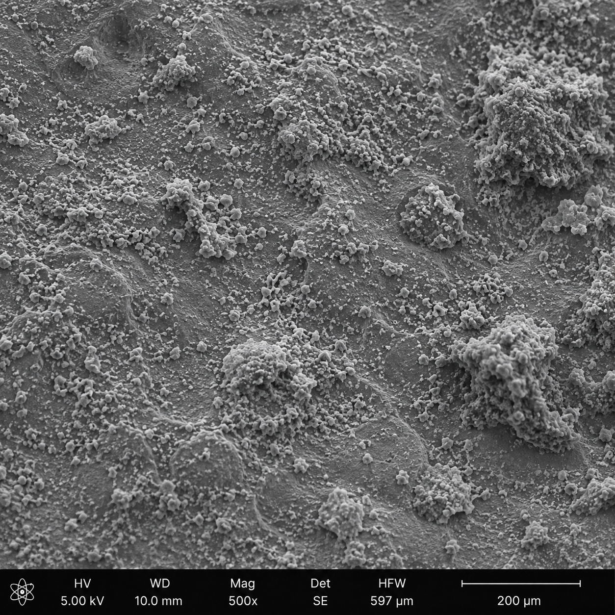 SEM 500x view of generic spray coating showing irregular particle clusters