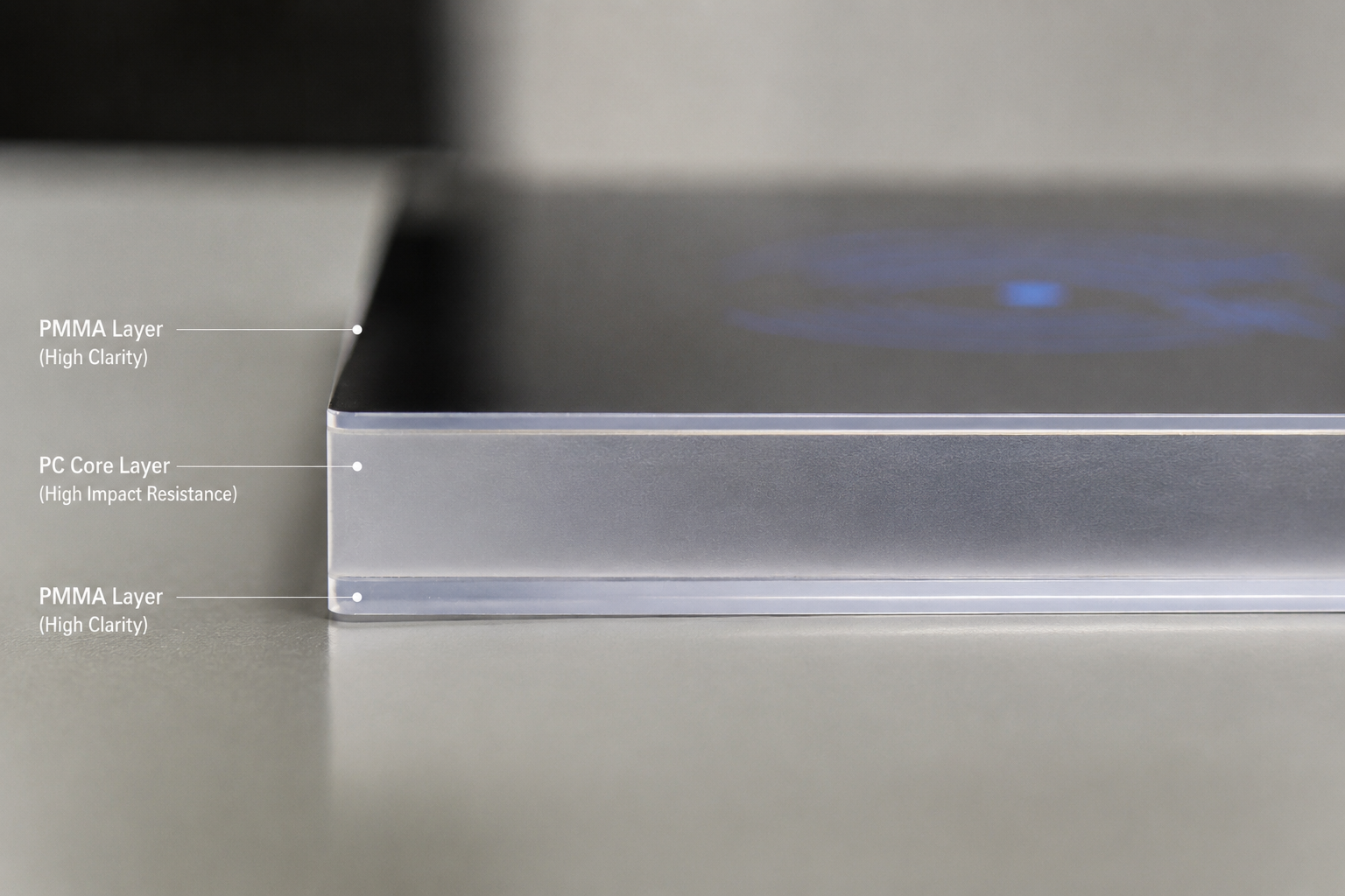PC+PMMA composite sheet product sample showing optical clarity and structural layers